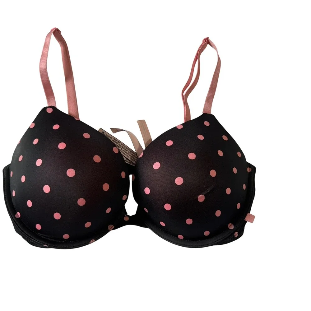 Victorias Secret Pink Polka Dot Push Up Bra Black 34DD Underwire‎ Padded 3641